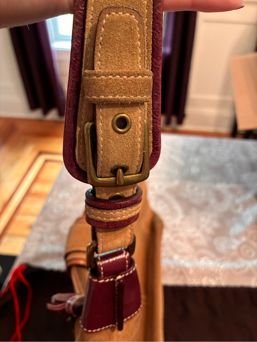 Vintage Coach Suede Hobo Bag in Tan with Burgundy Strap + Coach Suede Care Kit - Picture 3 of 14